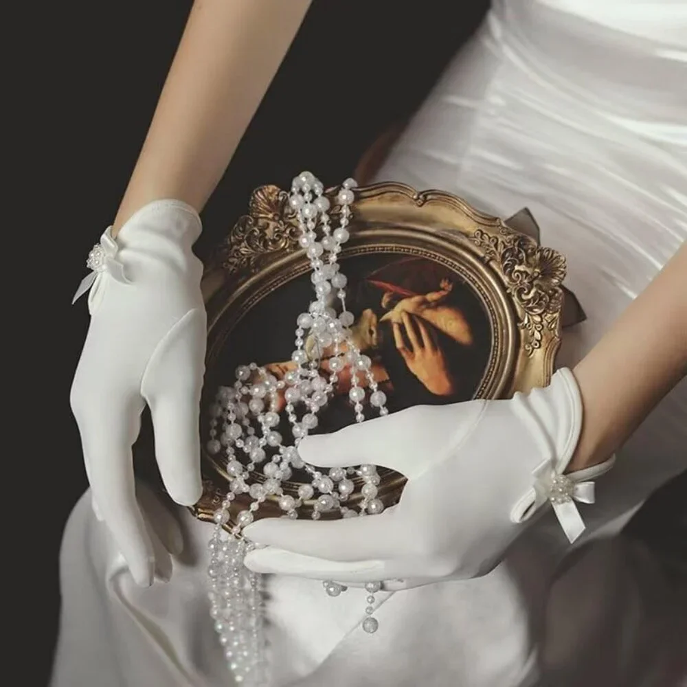 Women's Elegant Short Flower Satin Bow Pearl Gloves Opera Dinner Party Design